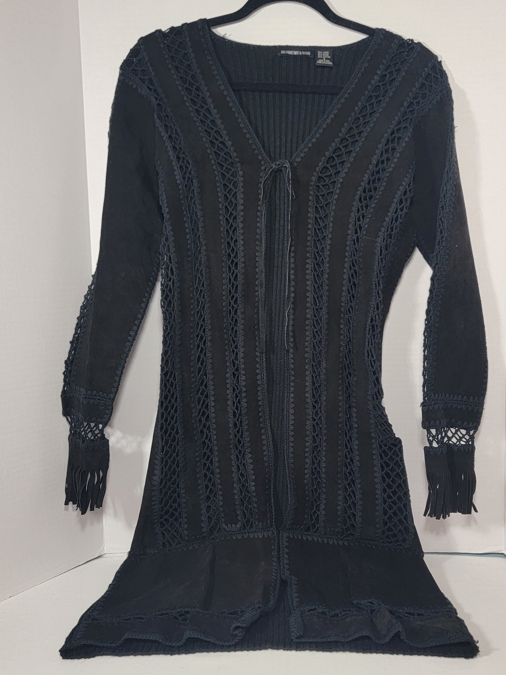 Women’s Black Crochet-Trim Longline Jacket with Fringe